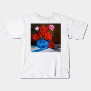 Red Roses in a Blue Vase Kids T-Shirt